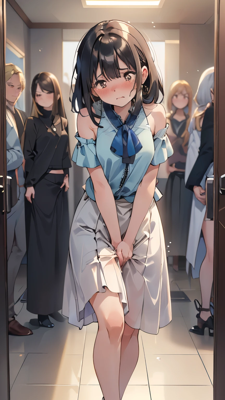 (1 girl, have to pee, peeing herself, peeing, peeing self, crying, very desperate to pee, have to pee, have to pee, peeing, peeing self, peeing, peeing self:1.5), (girl and other many girls waiting in line restroom, maxi dress, Lace bolero, long skirt, foot ware, have to pee, covering pussy, knees together and feet apart, hand between legs:2), (leaning forward:1.8), (erotic twist of the body:1.1), (despair, impatient, timid, full face blush, embarrassed, breathless, simple eyes, no pupils, eyes out of focus, tearful, looking toilet:1.5), (girl can't stand up straight:1.6), (Arch one's back, Thrust out one's chest), (best quality:2), (detailed face, makeup, lips), panicking, scowl, clutch, from side