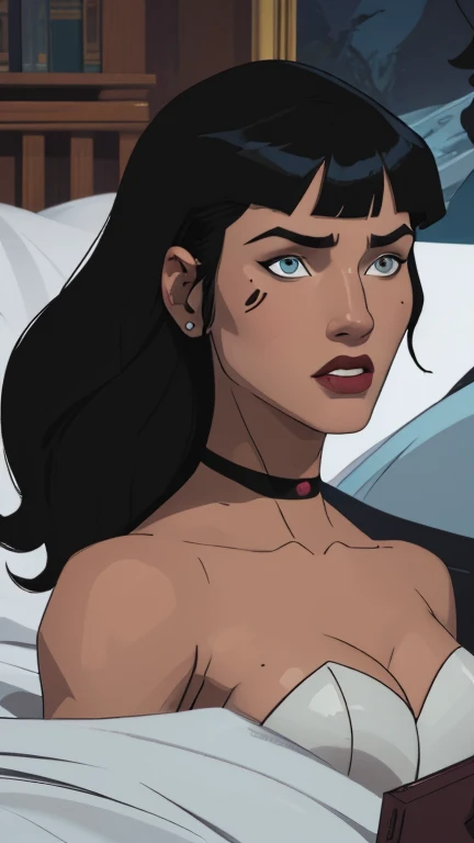 a detailed asymmetric and perfect face, blue eyes, white skin, black hair, beautiful full body portrait of a 1.2 slender woman, detailed realistic, cinematic lighting, dramatic pose, high contrast, vibrant colors, intricate details, masterpiece, award winning, digital art