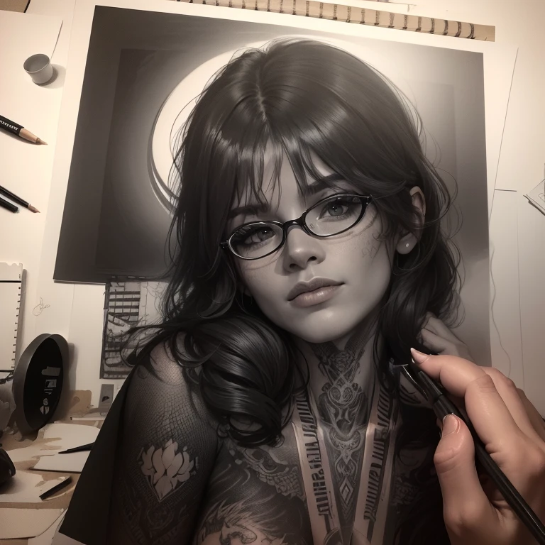 busty milf with glasses on Sketch drawing