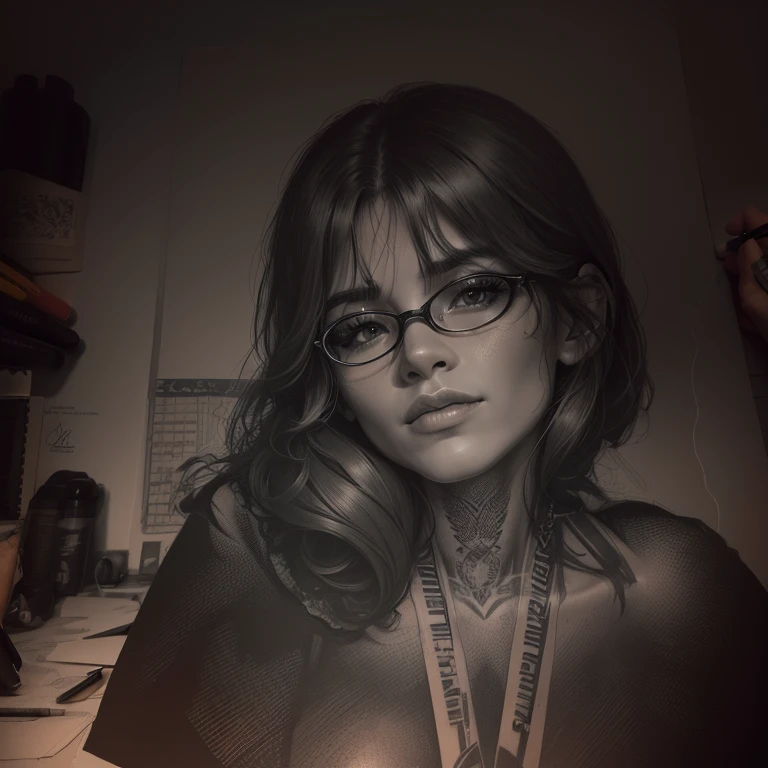 Rough charcoal sketch on old paper, Image of a young girl,  Style, the perfect body, Rounded Thighs, round face, Large shiny dark brown eyes, long eyelashes, eyeglasses, Long, dark, slightly wavy hair, Small natural breasty pubic, dynamicpose, Clean Line Art,+expressive lines,Drawing in an Expressive Sketch Style, hatching, Black and white sketch, hand-painted, Rough charcoal sketch on old paper