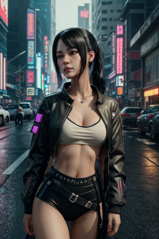 8k, Realistic Skin Texture, Realistic Photo, Neo Tokyo, slim Japanese women, large-breast:1.3 cleavage:1.2, AD2050 at night, Dirty hunting jacket, Wearing tube top, miniskirt, (((black sunglasses, automatic rifle, sneakers, cold, shooting pose, low angle view))), Innovative composition, revenge, cyberpunk, blade runner worldview, Large neon sign, Geisha hologram sign, Strong Wakamoto Sign.