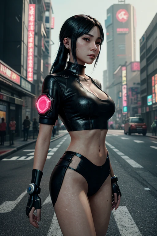 female Cyberpunk Girl, Cyberpunk Girl, Charming cat girl, Perfect android girl, 3d rendering character art 8k, Dreamy Cyberpunk Girl, Fashionable cyberpunk mechanoids, Cyberpunk Cute Cyborg Girl, Cyberpunk Costume、Ultra high definition、masterpiece、correct、Anatomically correct、Textured skin、Very detailed、High detail、high quality、最high quality、High resolution、8k、Raw photo、Beautiful Teenage Woman、One Japanese woman、Big beautiful eyeedium chest、Black short-cut hair、((Wear shiny metallic red cyberpunk robot arm guards))、((Wear a white bra top))、((Black shorts))、(Walking through a station filled with cyberpunk digital signage)、((Ultra high definitionのロボ))、((Shining Metallic))、Strike a sexy pose