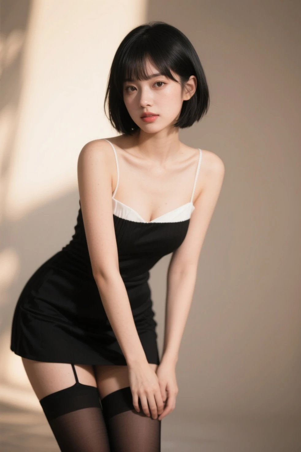 8K, Ultra-high resolution, Highest quality, masterpiece, 三分割法によるphotograph,Surreal, photograph, 1 Girl, (16 years old:1.3), pretty girl, Cute face, Beautiful eyes in every detail, 細かくdetailedに,masterpiece,One Girl:1.2, Japan Female Announcer,overhead shot,Legs slightly open,black silk dress,Deep slit,pulling up the hem,Black Hair,Bob with bangs,Delicate and smooth skin, Realistic Skin, Skin with attention to detail, Perfect limbs、Narrow waist、Thin legs、Browsing Caution,Beautiful leg line beauty,Looking at the audience,beauty,Long neck、(((Ideal body type))),A cup small breasts :2,、Portraiture:2、Perfect Anatomy、鮮明なdetailed、detailed、Surreal、Light and shadow,Strong light