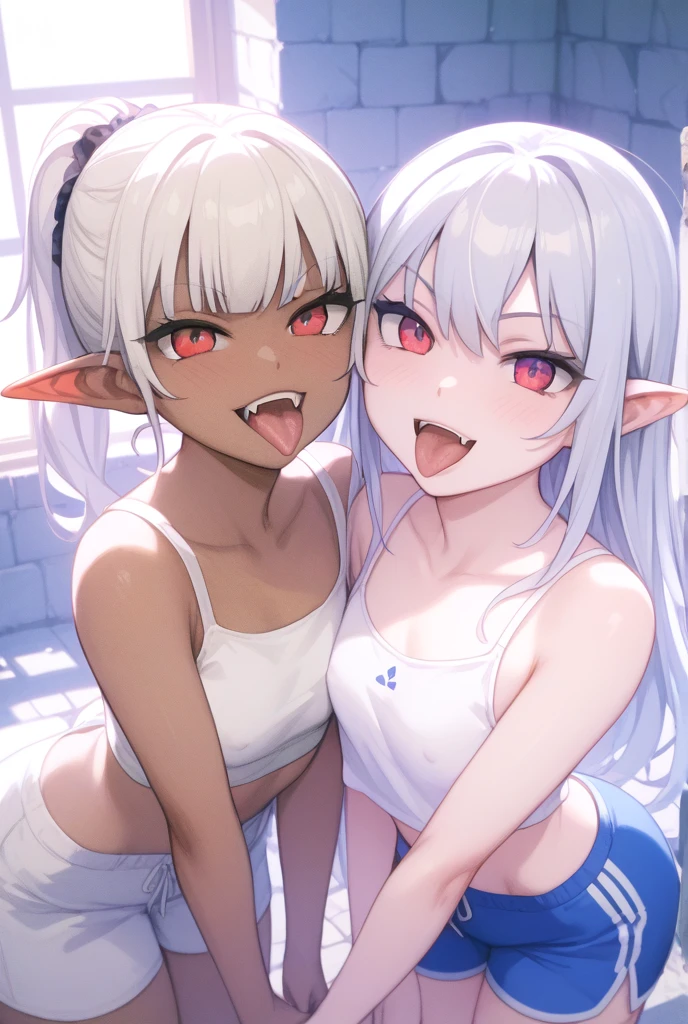 Dark Elf Silver Hair Purple eyes Short Hair Completely naked blush Obscene lines Lori Ecstasy face Squirting Are standing Double Peace