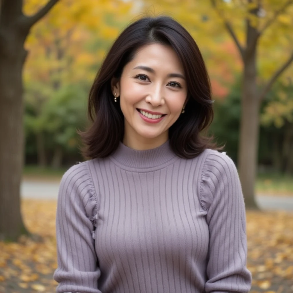 sitting on a park bench, Wrinkles around the eyes, Smiling with teeth showing, Plain short-sleeved clothing, senior citizen, Draw lips correctly, Red lipstick, No discomfort, 16K, Highest quality, Very detailed, Realistic, Very detailed肌, Japanese, alone, 60 years old, Large Breasts, , Glamour, sexy, , Staring straight ahead,