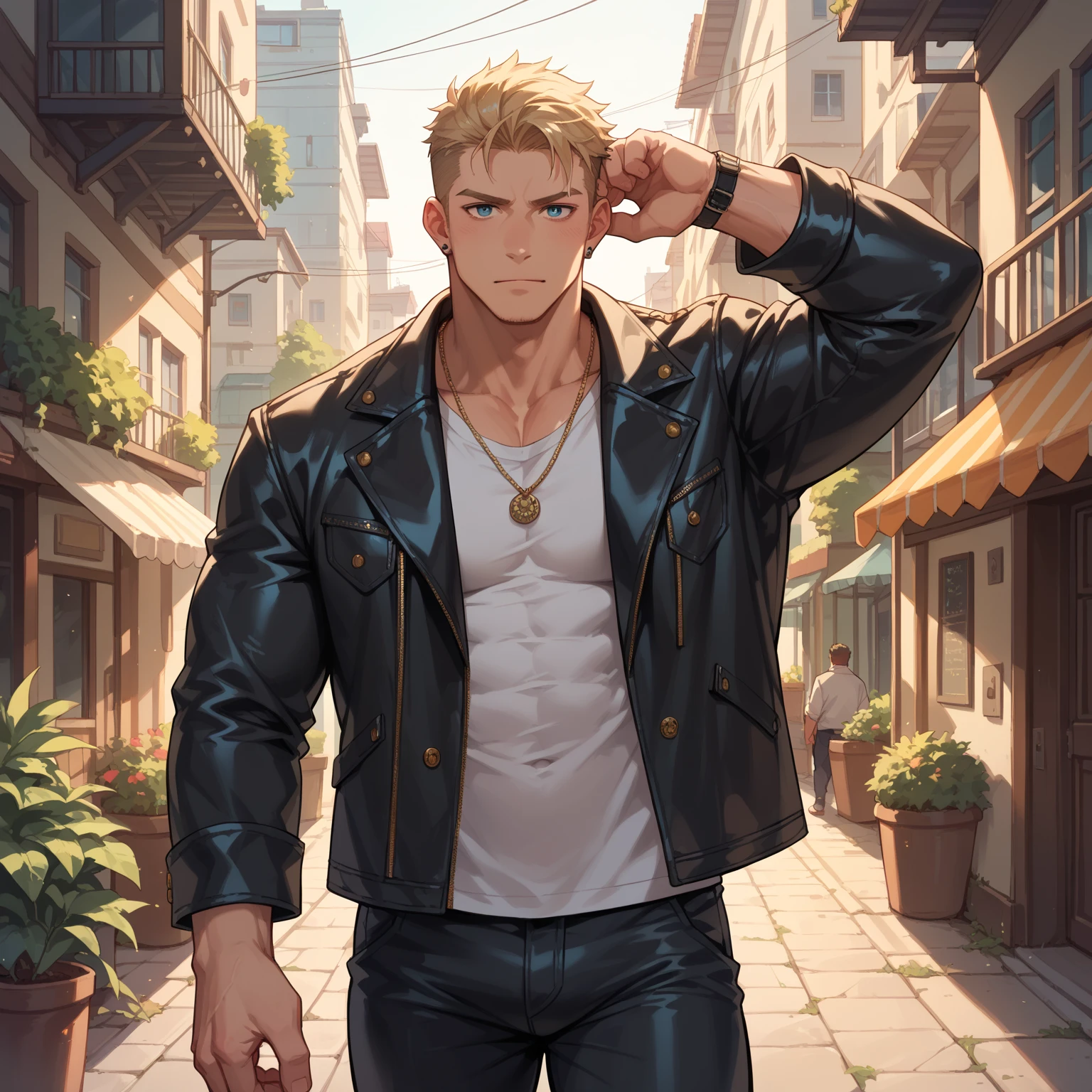 Masterpiece, denoise, void noise, one man, best quality, 8k resolution, male focus, focus only, amazing composition, great lighting, super quality, elegant, Very detailed, (front view), -----------, 35 years old, mature face, (muscular, slim body), handsome, irish, ((detailed light-gray eyes, detailed eyes)), hairy, ((light blonde hair, short straight hair)), (big ears), ((furry, bushy, thick hairy chest)), ((light blonde bushy body hair)), detailed face, (((very pale skin))), (beard, short beard), (((((Russell Tovey))))), --------------, ((((wearing pants and chainmail)))), 