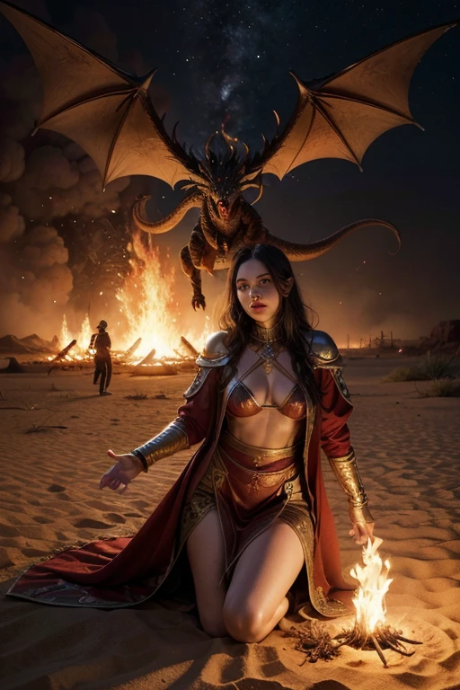 Professional , masterpiece、top-quality、photos realistic , depth of fields 、(Dragon Red Metal Body:1.9),(Enamel orange、(cleavage of the breast)、Dragon Gold Weapon、(Red Micro Bikini Armor:1.4),Gorgeous gold weapons ,(Demon Beast),(( Dragon's dense and gorgeous sword)) , (demonic wings)、((a blond))、(Castle background)、((Gangle's forest background))、((Fight dragons))、Beautiful Caucasian beauty、1a person、dynamic ungle,(((Detailed and ornate dragon helmet)))、Smaller head、A smile、Castle background、Thin and beautiful female hands、cleavage of the breast、Soldier in iron armor on background、Mystical expression、Light Effects、intense fighting、Wind-effect、magic circles、With the legendary magic wand、Dragon's tail、explosions、Anatomically correct body、