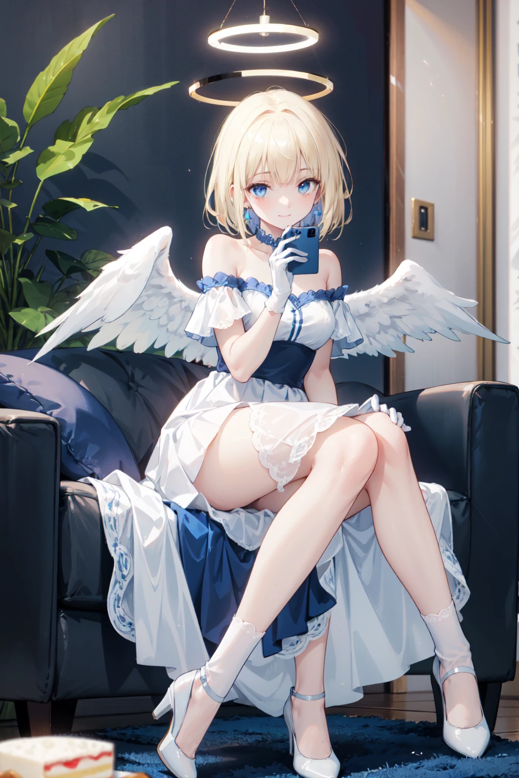  Very detailed ,    masterpiece  ,     best quality , ,     Soft Smile , and smile softly,  Modern style living room ， blue eyes,   long hair , blonde,   bangs, Halo， Blue and white off-the-shoulder ta style cake dress，White Lace Socks 、blue high heels、white gloves、Angel Wings， sits on the chair ，  right hand holding smartphone  ，Blue and white off-the-shoulder pleated skirt with a hamburger in the left hand ，There is a  