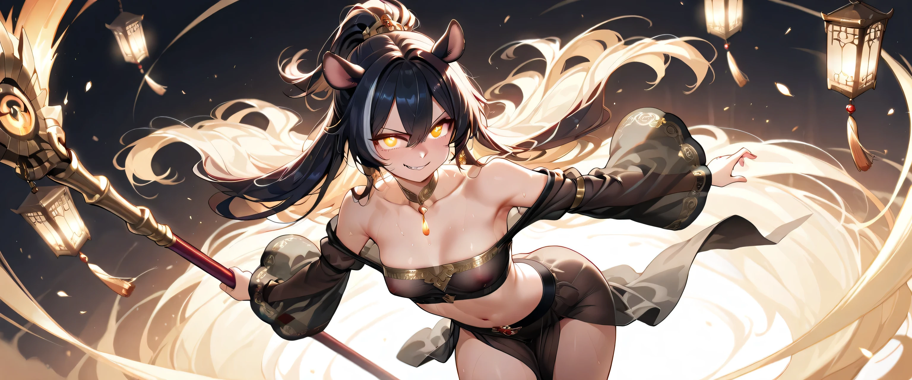 female reptile, golden dragon horn,Covered with shiny black scales. Wearing a sleek and simple golden sexy ini armor. . .Holding a spear,Posture straight,Full body portrait,Expression smile,Large Breasts
