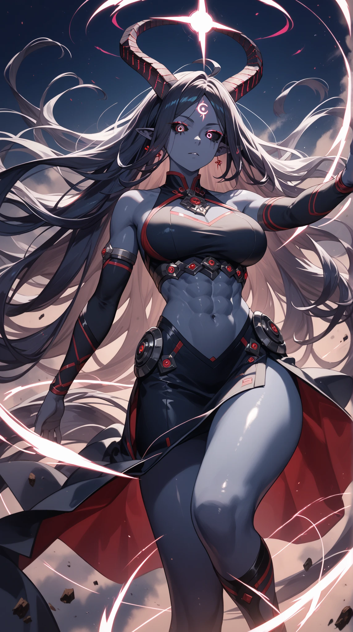 High resolution,high resolution,Girl,(,Blue Skin,Zambara-hair,Black Hair,Long Hair,)Red Eyes,smile,Demon Horns,boyish,slender,Mountain trail,Toned body,Abdominal muscles,Tube top,Huge Weapons,Loincloth,