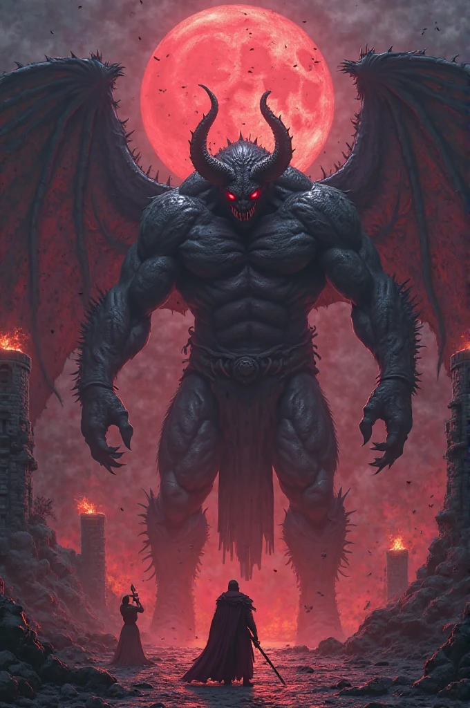 a very tall demon with lion head and goat horns and bat wings standing straight in two feet human pose, stern expression, confident pose, glowing red eyes, dark fur, goat feet, celestial, muscular frame, a great sword plug on the ground infront of him, detailed facial features, highly detailed, photorealistic, light and shadow contract, dramatic lighting, fantasy, surreal, dark, moody, thunder sky background, white fog foreground, water reflection the ground, skulls on the ground