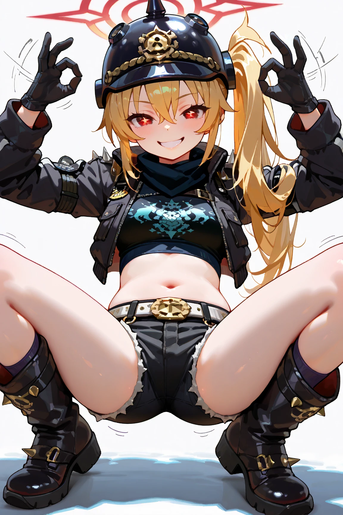 { top quality , masterpiece, high res, anatomically correct , Detailed Fingers , detailed hands ,Detailed legs, detail eyes:1.5}, {luxi, def-clothes of luxi, side ponytail, 1girl, solo, blonde hair, gloves, black gloves, boots, short shorts, helmet, navel, black shorts, long hair, spikes, belt, midriff, black footwear, open jacket, long sleeves, red eyes}, simple white background, erotic posing, vulgar posing, Sexual gestures, vulgar gestures, mesugaki, mesugaki smile, vulgar smile, sexual appeals, erotic girls, vulgar girls, nasty girls