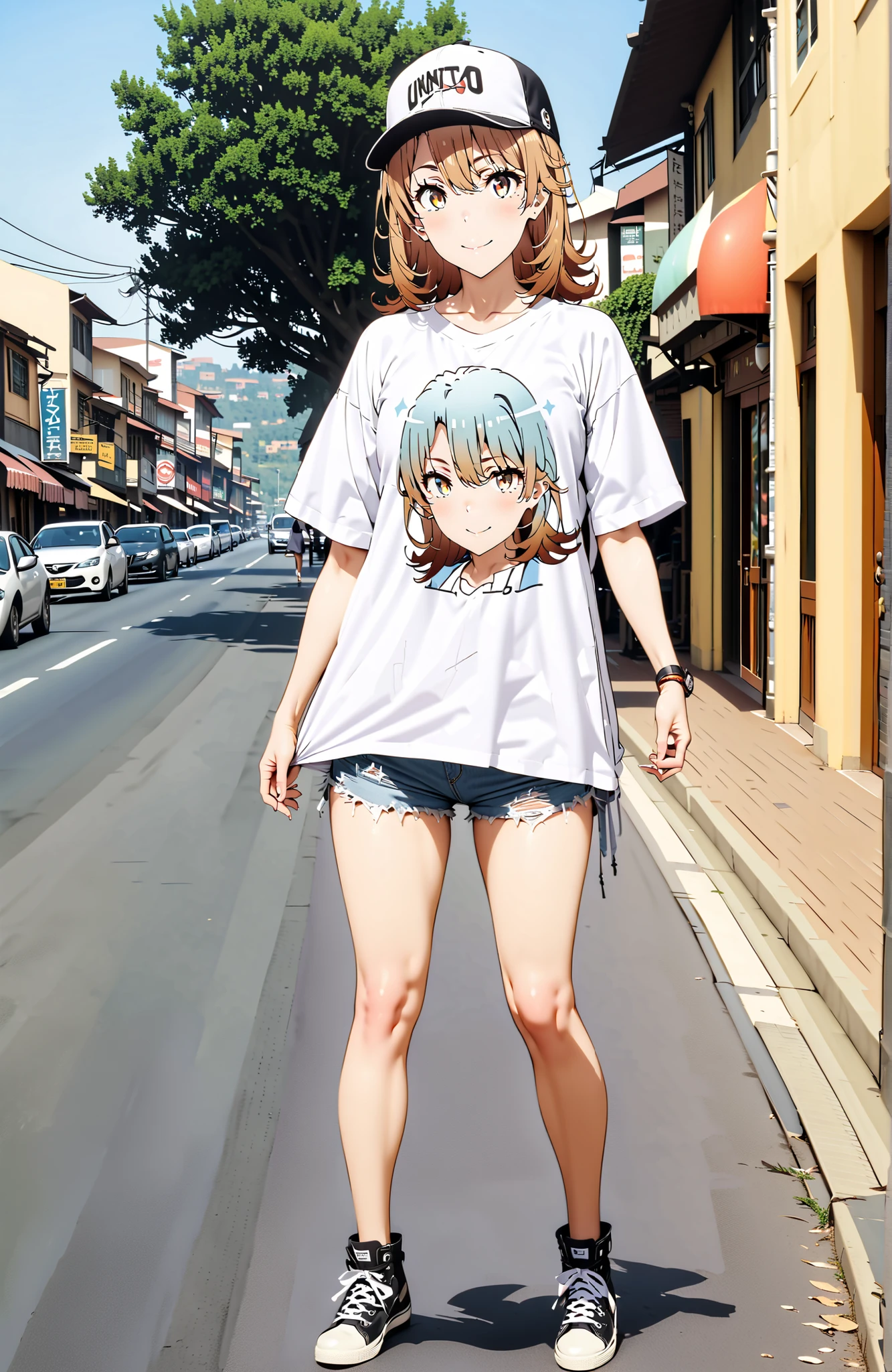 Iroha Isshiki,half up do,oversized t-shirt,denim micro shorts,Bare legs,sneakers,Baseball hats,standing,double peace sign,smile,blush,grinning,Beautiful Scenery, Beautiful Streetscapes,Daytime summer,full bodyがイラストに入るように,in their 40s outdoors,Coastal Road,
in their 40s looking at viewer,full body,
in their 40s (masterpiece:1.2),Highest Quality ,Kampala,unity 8k 壁紙,(shape:0.8),( fine and beautiful eyes :1.6),It's a person ,full body写真,CG Details , (perfect hand in h,complete anatomy),