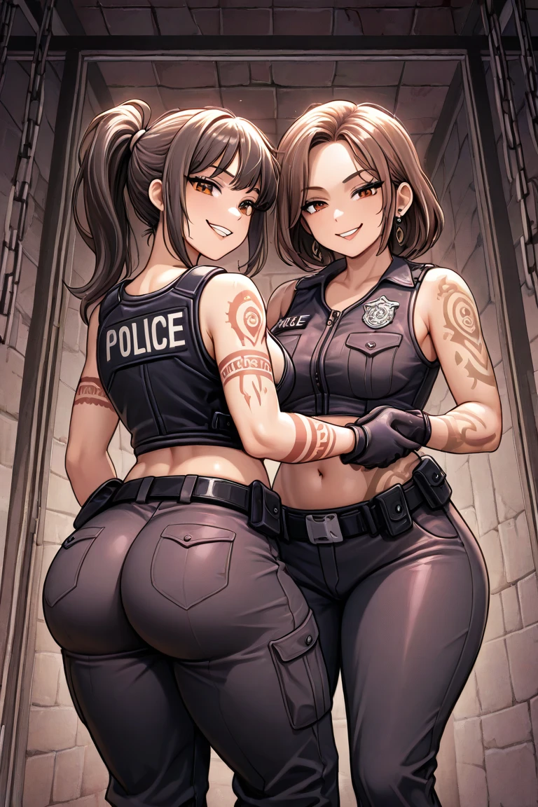 (masterpiece, best quality:1.3), Rizdraws, Thin Lineart, Soft Lineart, Film Grain, Soft Shading, 1 tall women, muture women, breasts, wide hips, thick thighs, black pants, from behind, wide butt, panty peek, pink sparkly panties, glitter panties, thick navy blue jacket, long brown hair and blond hair, look back, hands on ass, fullback panties, goth girl,