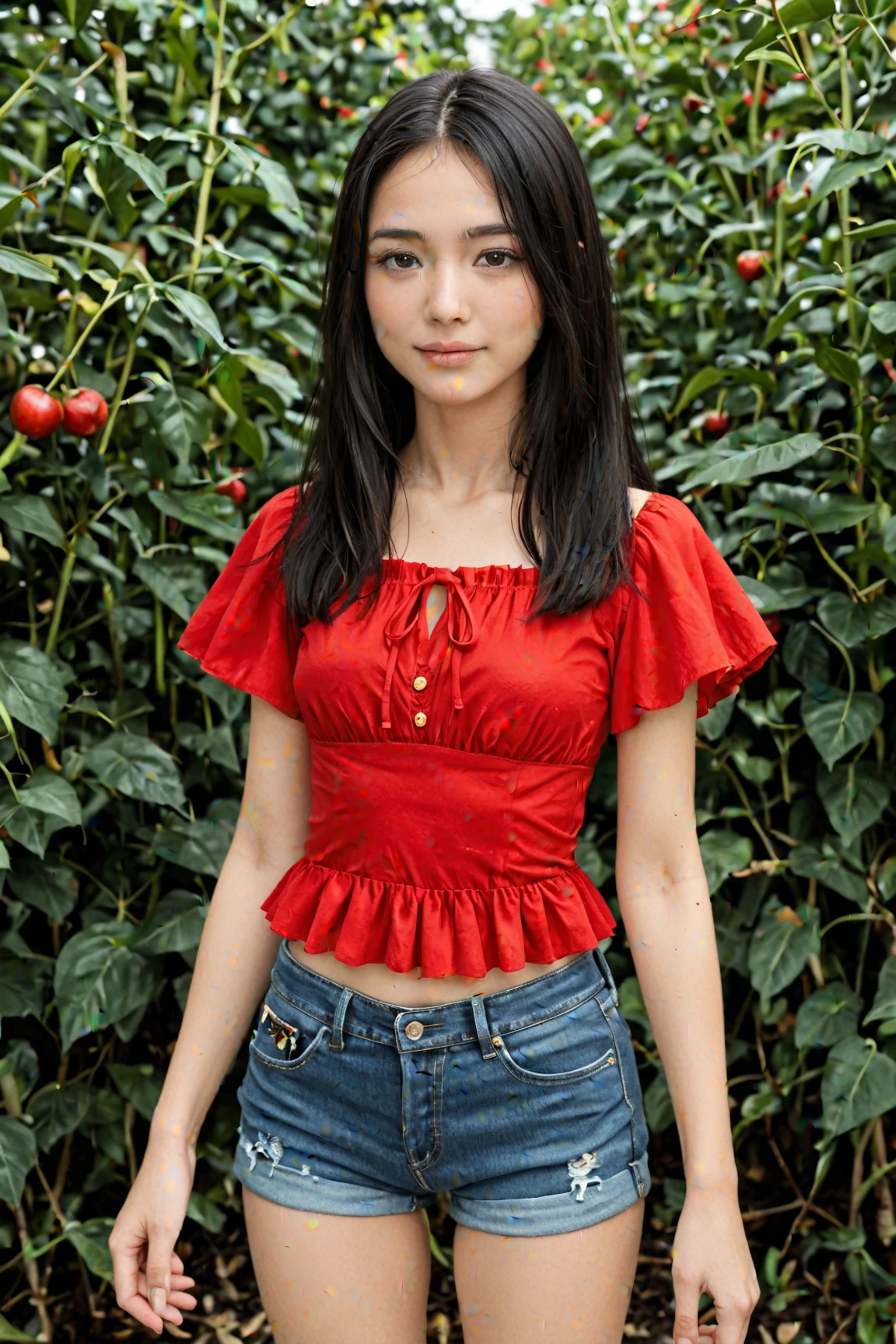 (8k, top quality, masterpiece: 1.2), (realistic, realistic: 1.37), super detailed, girl single, cute, solo, sitting, (white skin), (smile: 1.15), large, fine eyes, large round eyes, clear double eyelids, eyelashes, (collar shirt: 1.1), white clothes, (short hair: 1.2), bangs, long neck, happy smile, beautiful face, realistic skin texture, light red lips, green background, lawn, full body, soft skirt, Red mini skirt, open waist, hot weather, pleasant, very fine details, warm atmosphere