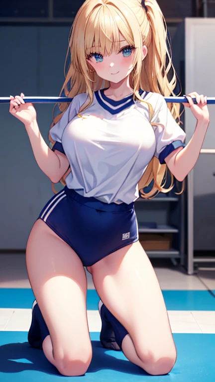 masterpiece, best quality, 1girl, solo, blonde hair, drill hair, long hair, yellow eyes, blue headbows, school sport outfit, white t-shirt, blue panties, large breasts, disgust, w arms, standing
