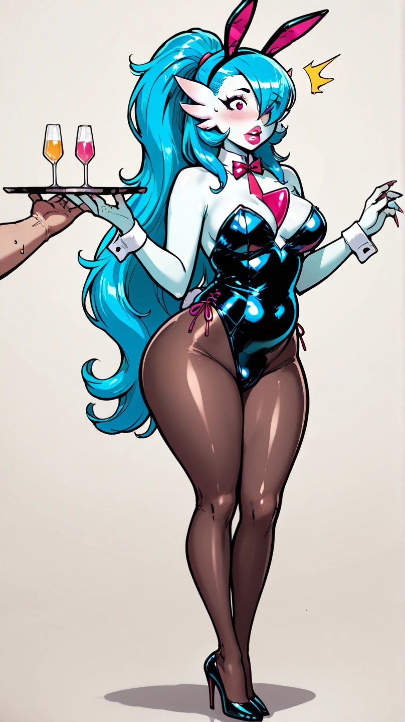 8K, High Definition, Animated, married woman, Beautiful, a small face, Beautiful, Bright, Eye Highlights, Sexy, Erotic, beautiful line art.
She has light blue skin, Blue and orange gradient ears, fins, Bunny Girl, Black bunny suit, Net tights on the legs, lying on bed, Eyes closed, pupils closed,