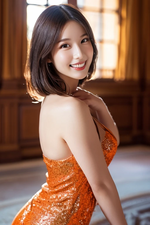 (Raw photo:1.2), (realistic:1.4),beautiful detailed woman,非常にfine eyesと顔, fine eyes, Super detailed,High resolution, very detailed,highest quality,enlightenment,unified,8k wallpaper,masterpiece,highest quality,1 female,alone,rich,Full body Esbian,Standard body shape,toned body shape,（C cup breasts：1.1）、There&#39;leg meat,slim waist,alone、（floral knee length dress,high heels）,jewelry necklace short hair,優しいsmile,dignified atmosphere,black eye,realistic,(Italy、House on Lake Como：1.3）、（I&#39;m standing in the living room, holding the table with both hands.：1.5）、（spread both feet shoulder-width apart）、（Arms outstretched：1.2）、（Thrust your buttocks up high：1.2）、（The viewer is looking from the side：1.3）、（shy look：1.4）、smile、smiling with open mouth