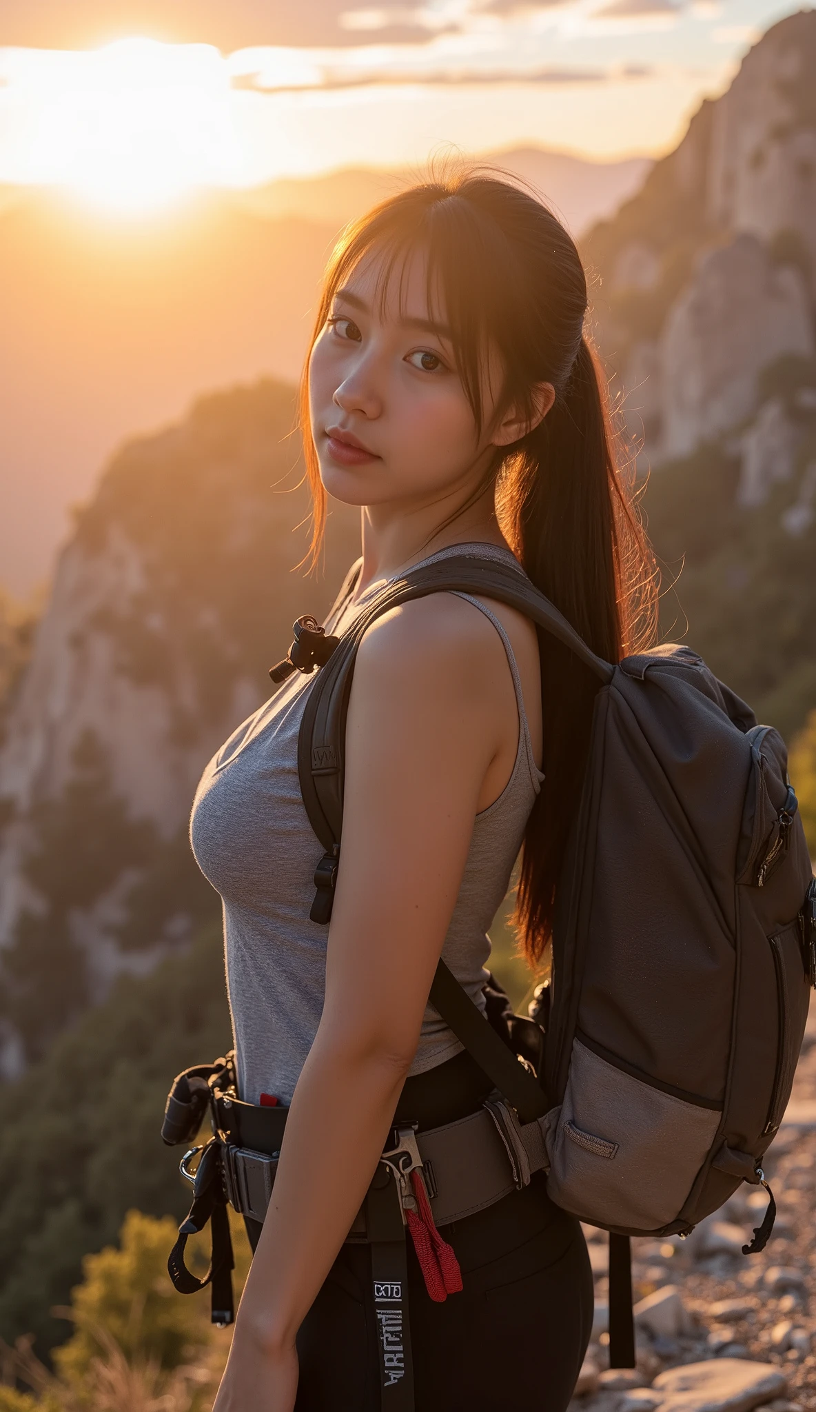 no, Ray tracing, Radio City, Anisotropic filtration, 16,000, best quality, 1 woman, alone, beautiful mountain climber, Hiking clothing, Gradient long hair, climbing equipment、sunset、big breasts 、valley, Solo, 8k, photoshoot, perfect body, perfect skin, slim body, flawless, glowing skin, beautiful face, natural makeup, super realistic, High Resolution, Masterpiece, Anatomically Correct, Best Quality, High Details, HD, High Quality, Super Detailed, 19 years old japannese girl