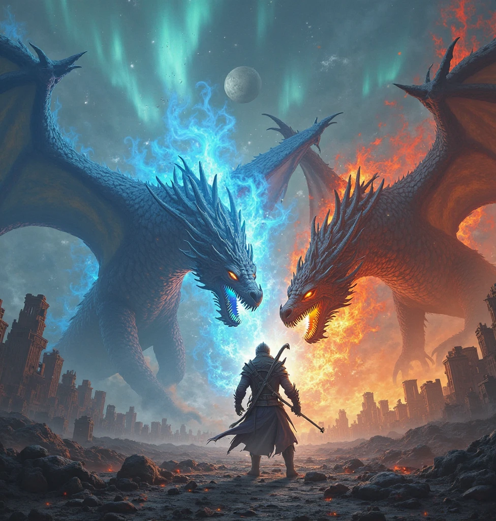 realistic digital art image about chaos battle from corwded warrior vs a Three giant dragon (The three have different elements, namely blue ice, orange lava, and tornado wind),fantasy fighting arena filled with ruined city as background, aurora sky, planet jupiter visible in the sky, best angle, best quality, MASTERPIECE.