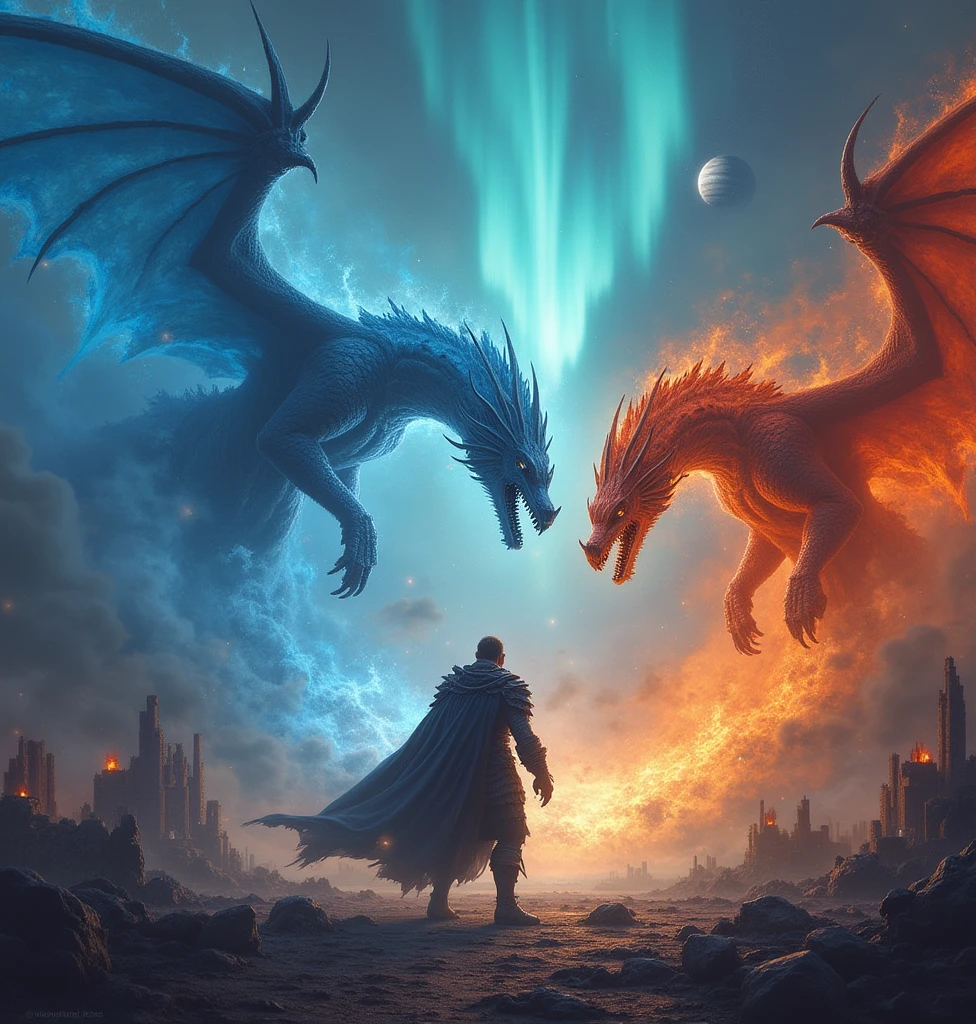 realistic digital art image about chaos battle from corwded warrior vs a Three giant dragon (The three have different elements, namely blue ice, orange lava, and tornado wind),fantasy fighting arena filled with ruined city as background, aurora sky, planet jupiter visible in the sky, best angle, best quality, MASTERPIECE.