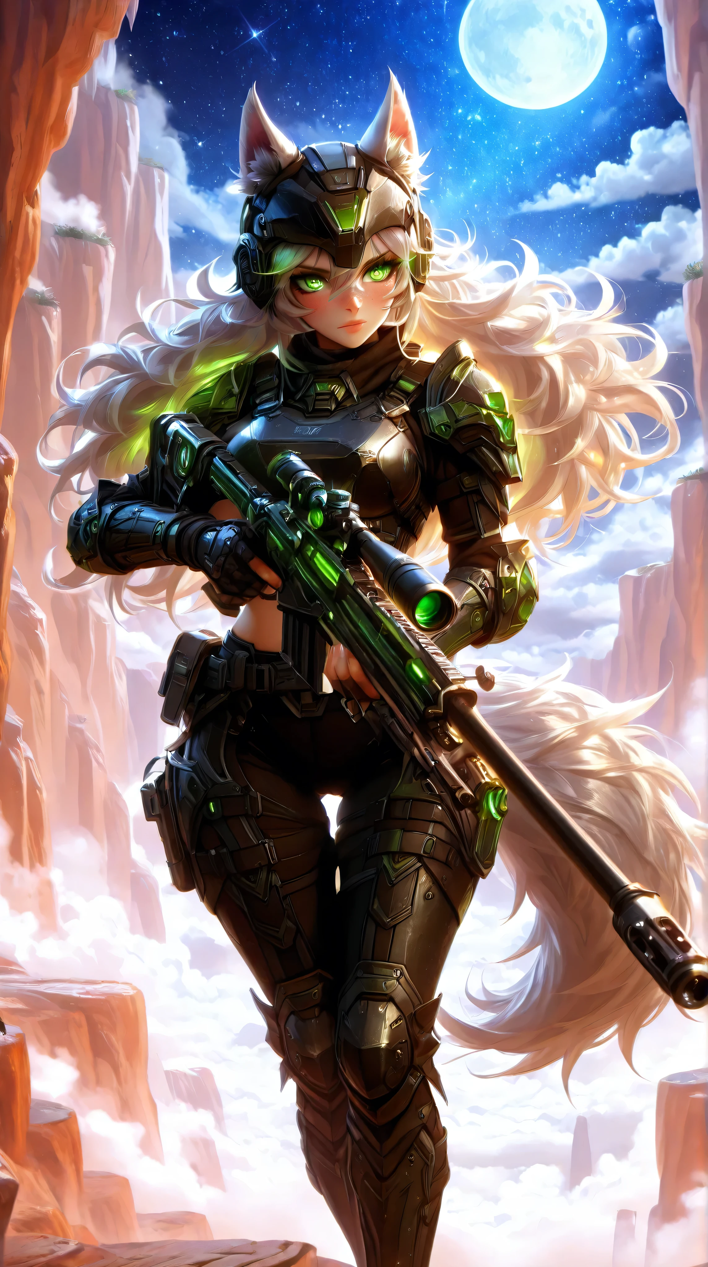 Masterpiece, best quality, amazing quality, absurdres, very aesthetic, lazypos, 3D, 1 woman, (woman , tall, slim, medium-big chest, large hip, silver long hair, fluffy hair, wolf ears, fluffy ears, wolf eyes, fluffy tail, clear skin), smooth natural moonlight with soft shadows , night , outside , backdrop of a canyon with trace of war, stary sky with moon , adventurous , fantasy-themed atmosphere , detailed background , fog , (woman, confident, (many freckles on nose line, hip, thigh, ass cheek and chest:1.48), slightly flustered, (glowing eyes, glowing hair tip, green eyes, wolf eyes, feral eyes, detailed eyes, detailed face), (thigh gap:1.27), (detailed chest), wearing a futuristic fantasy style military tactical military suite with bulletproof armor showing midriff, (chest armor, hip armor, knee armor, waist armor, helmet with hole for ears, big military boots, holding a sniper rifle, sniper rifle, detailed), (standing at the top off a cliff, looking around), front view