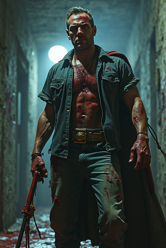 Best quality, masterpiece, ultra high res, photorealistic:1.5, raw photo,ultra reality, bearded man, short hair, a man standing on a pile of dead humans, holding knives in both hands, bloody hands, injured, some bruises, fighting, in the city