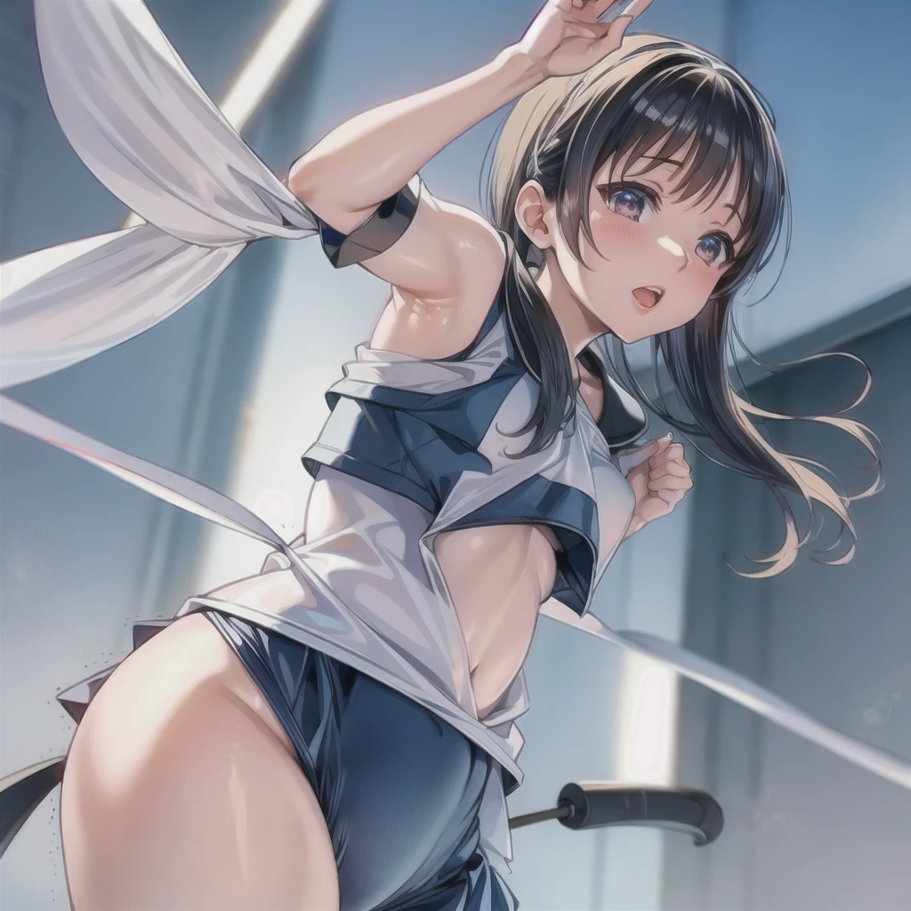 detailed,Clear lines,Highest quality, masterpiece、Overnight parking、Dark Light、Canon Photo Crystal Clear ,(Realistically:1.2)、Action pose、Fight、Karate Techniques、((Lift your leg and kick))、Take a full body photo、smile、Glamour body type、Medium Long Hair,Fully naked body