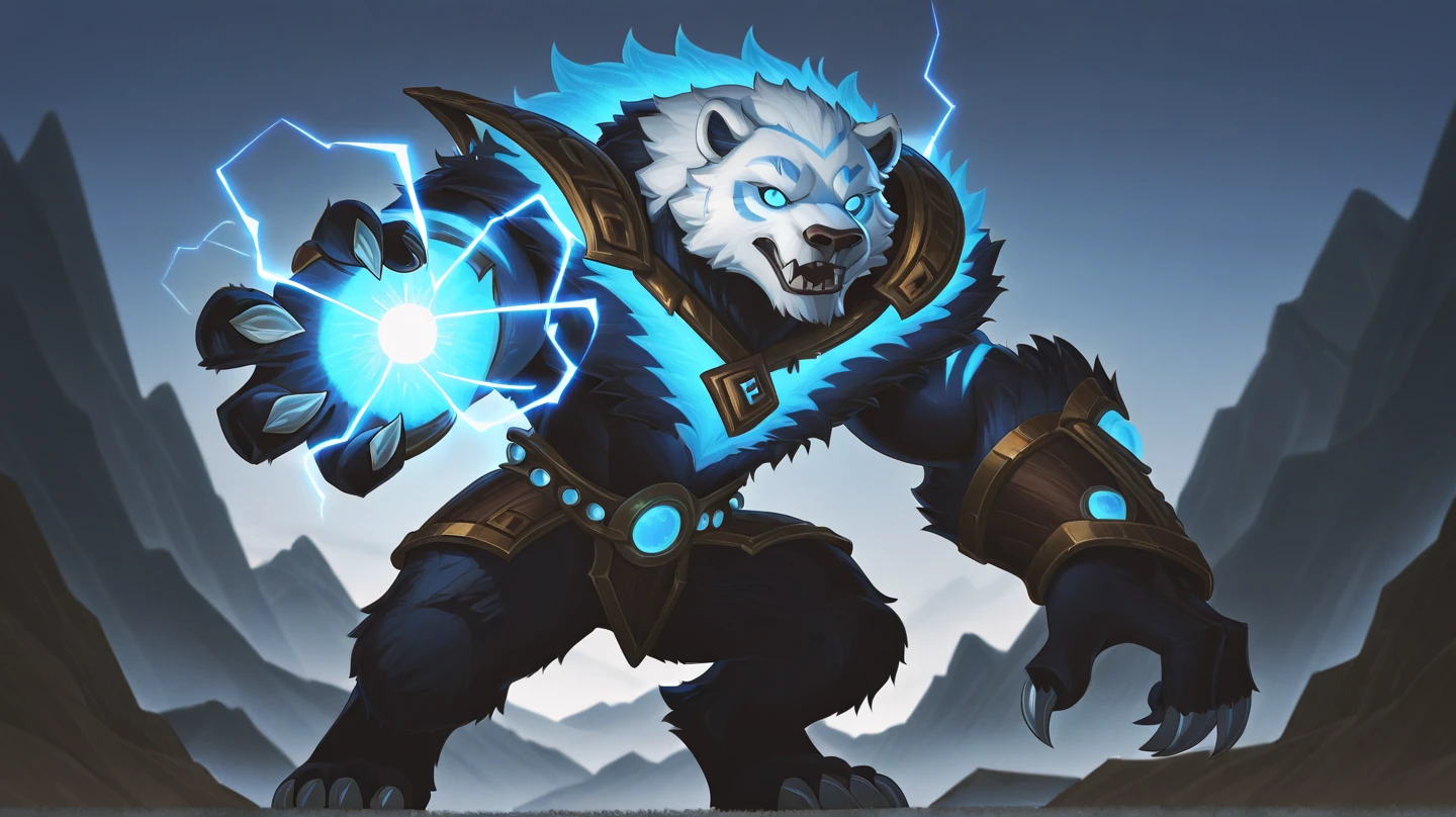 (masterpiece, 4k ,ultra detailed:1.2),(fantasy:1.2),illustration,(realistic:1),(photorealistic:1),
(Volibear, the champion from League of Legends:1.6),
(white hair,very long fur:1.6),(roaring with open mouth:1.3),(white bear with blue eyes and a glowing light on its face:1.4),
(musculous body,huge bulge,blue rays coming out of eyes,rays surrounding around,giant bear:1.3),
(forest, night, lighted mushrooms, fireflies:1.2),
