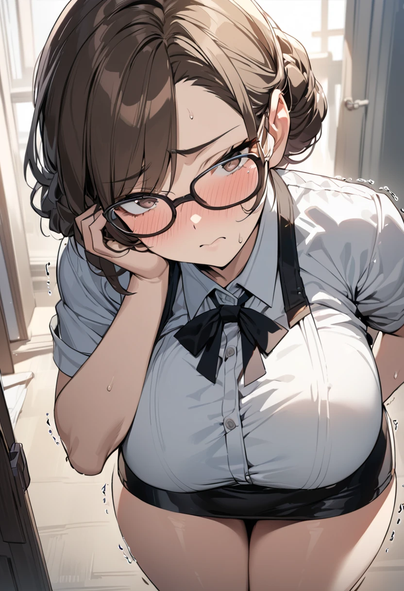 score_9, score_8_up, score_7_up, source_anime, best quality, masterpiece, official art, absurdres, highres, ultra-detailed,waifu2x,Collection: Slice of Life,break,1girl, uniform, underwear, bra, short hair,glasses, medium breasts, beautiful detailed eyes, sweat, open mouth, dressing, sleepily, indoors, school locker room, break,(clear line illustration:1.2), super detailed skin,very high resolution, very aesthetic, Best sexual lighting powered by famous artist, 8k,cute picture,beauty illustration,photoshop_(medium),,(Detailed Lighting),best anime 8k konachan wallpaper, pixiv contest winner,