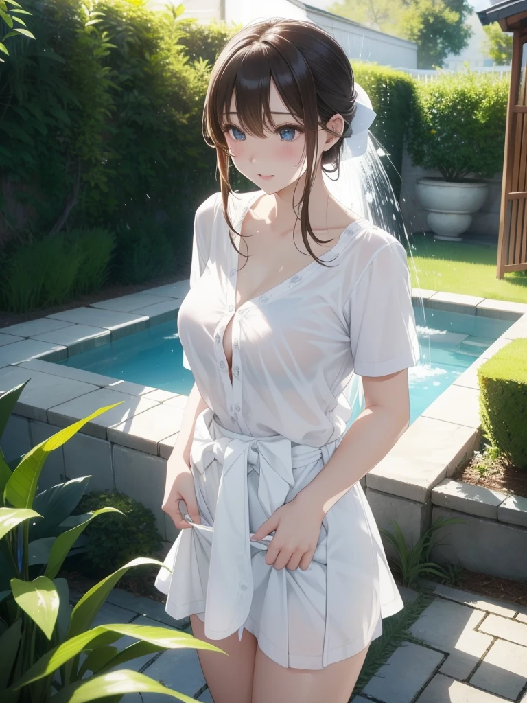 Best quality, 8k, 32k, Masterpiece, UHD,:1.2),RAW, 1girl,ultra cute , natural lighting,transparent shining eyes, 20yo,medium breast ,fair complexion ,flushed face,ultra high res, White Bla and Panties, wedgie, Cameltoe, cowboy shot, from front, happy, naked towel, show off pussy, short bath towel, wet skin, wet, wet hair,