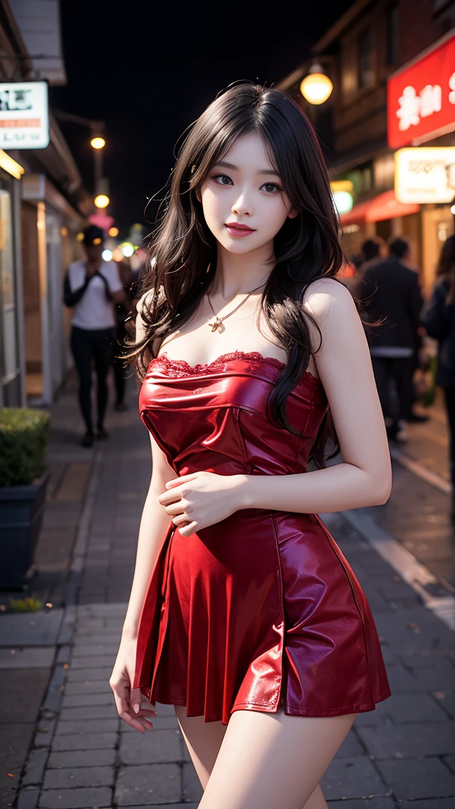 Beautiful black-haired girl with brown eyes and long hair wearing sexy red dress walking through the streets of Quito at night, masterpiece、quality、Super detailed、Marilyn Takis,Focus on the thighs and above,Clear face,(Best quality at best), beautiful girl:1.5、Red fluffy off-shoulder dress style,long hair flying,Snowflake earrings、snowflakes falling、Vague、snow world, red underwear showing detailed. (masterpiece, best quality),1girl, 20yo, perfect face, shiny skin, extremely detailed CG unity 8k wallpaper,beautiful girl,outdoor,fullbody,micro mini skirt,cute girl,slim,blonde, short hair, Ponytail,beautiful eyes,