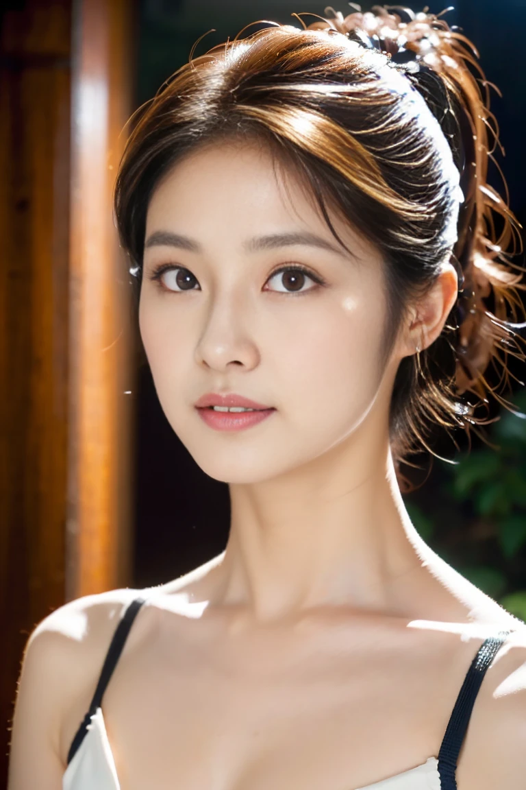 top-quality、masterpiece、Raw photography、8K、Photorealsitic、portlate、Black Floral Lace Lingerie、Colossal tits、Chest emphasis、Adorable expression with a smile、Bun_cap、a necklace、耳?????? Ring、F Cup Breasts、1/2 Cup Lingerie