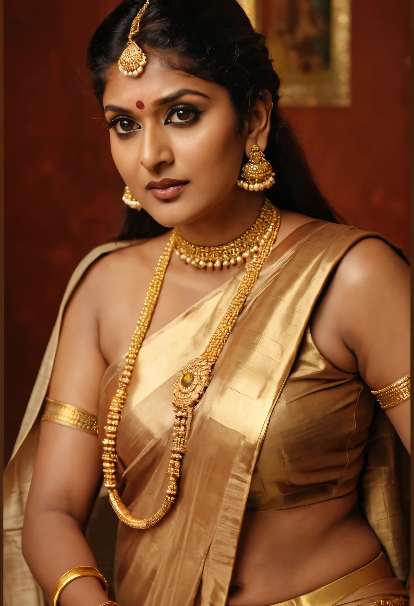woman in a gold sari sitting at a table, traditional beauty, traditional makeup, mallu aunty, mallu Beauty, mallu actress, movie stills photography, photo taken with nikon d750, photo taken with nikon d 7 5 0, wearing gold jewellery, photo of a beautiful woman, taken with sony alpha 9, sexy girl with dark complexion, shot with sony alpha 1 camera, very attractive and beautiful