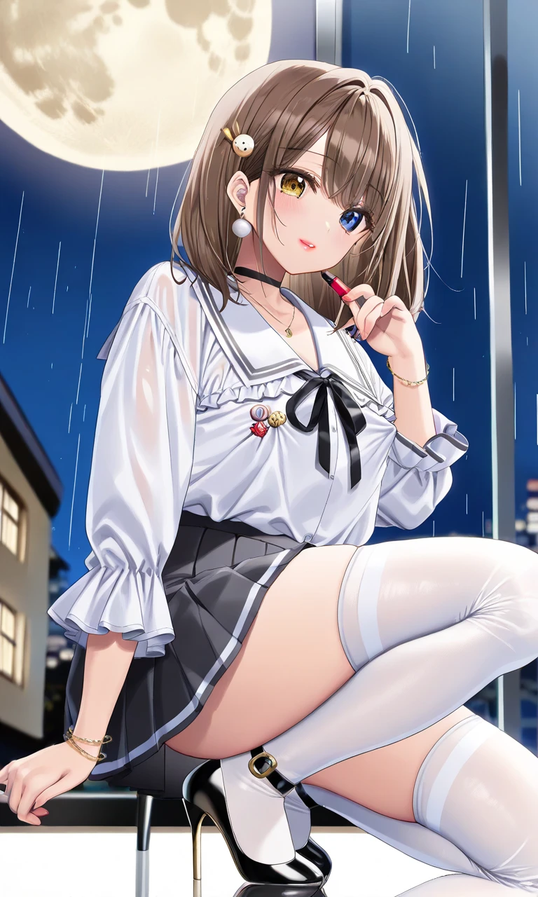 best quality, masterpiece, 1 girl, (silhouette lighting:1.2), (cowboy shot:1.3), grin, (light brown low twintails hair with bangs:1.2), front, detailed face, beautiful eyes, (wet skin, wet clothes:1.3), summer sailor uniform, short skirt, short sleeve, (windy upskirt:1.2), (urban rooftop, skyscraper, rainy night:1.3)