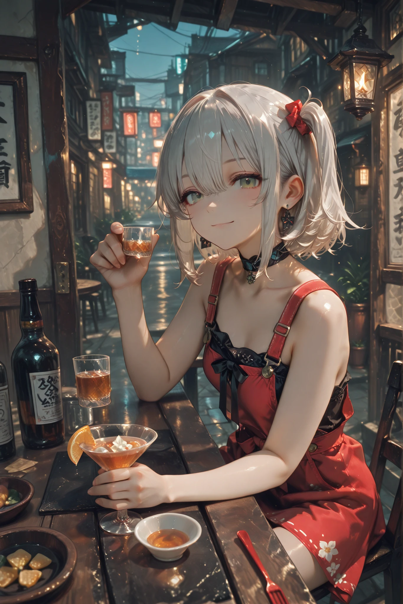 One woman,wear a casual black dress,short cut silver hair,amount,A quiet bar,Alcohol at the round table, Drink a cocktail,Hoi Kei Lei Hoi,make viewers smile、Overall Composition