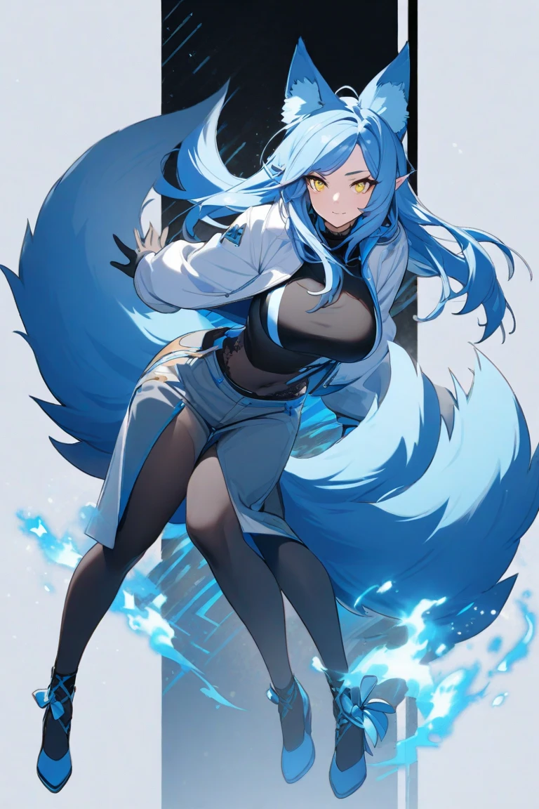 trending on artstation, trending on midjourney, award winning, timeless art work, masterpiece, genius, worldclass, extra ordinary, aesthetic, beautiful, stunning, brilliant, cinematic, dynamic, cinematic lighting, inspirational, 4k resolution, 8k resolution, artstation hd, artstation hq, 1 girl, huge breasts, blue hair, green hair, long hair, multicolored hair, virgin killer sweater, fox girl, multiple tails, forest, character, solo,