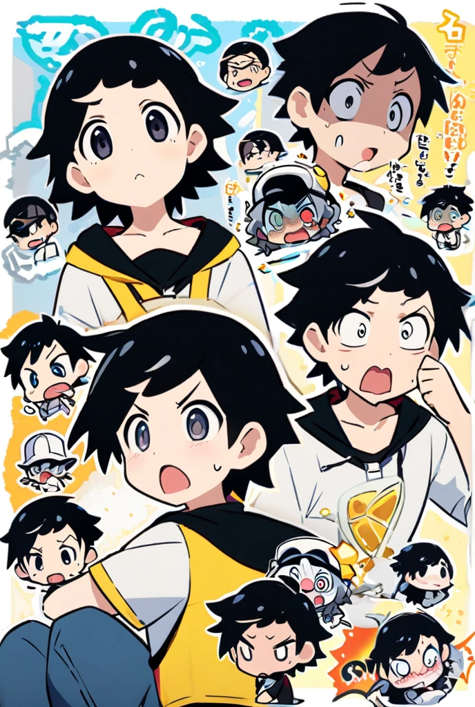two heads, two headed anime boy, conjoined twins, boy with giant breasts, giant breasts, yellow shirt with black emblem, white background with yellow outline, bustyboy, conjoined twins with two heads, two-headed bustyboy, giant breasts in yellow shirt,