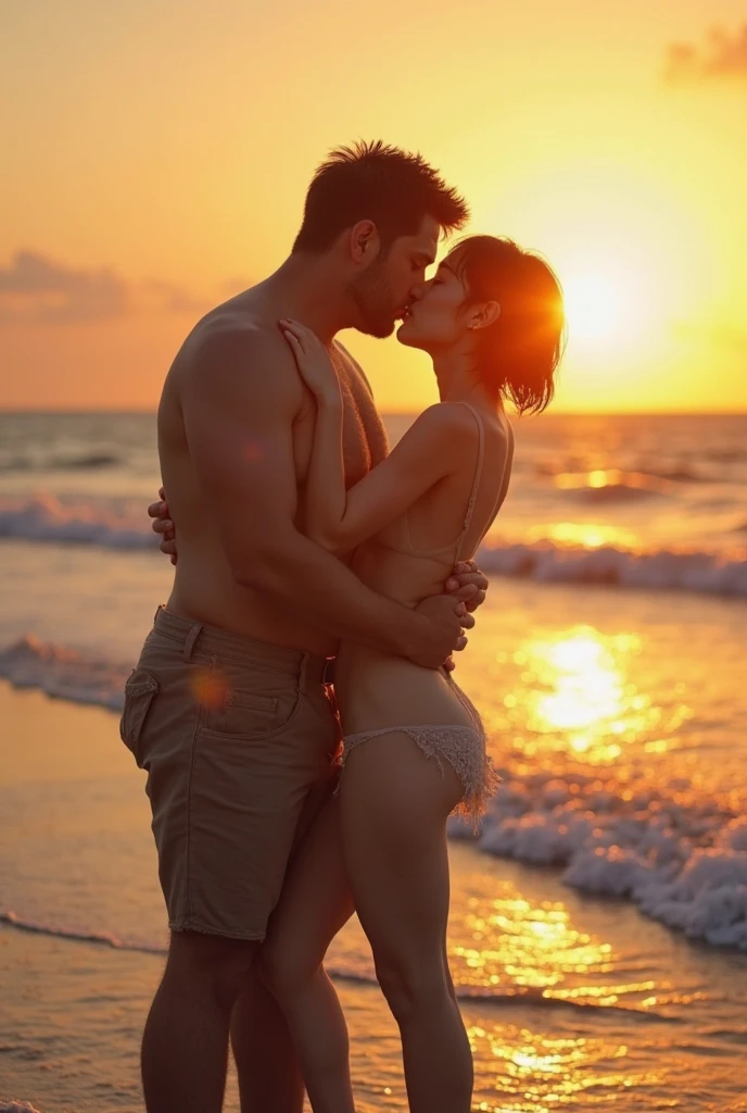 back view, A beautiful naked curvy hourglass busty mother and naked 10 year old short boy, hugging on a beach, detailed facial features, realistic skin textures, ocean waves in the background, golden hour lighting, photorealistic, highly detailed, cinematic composition