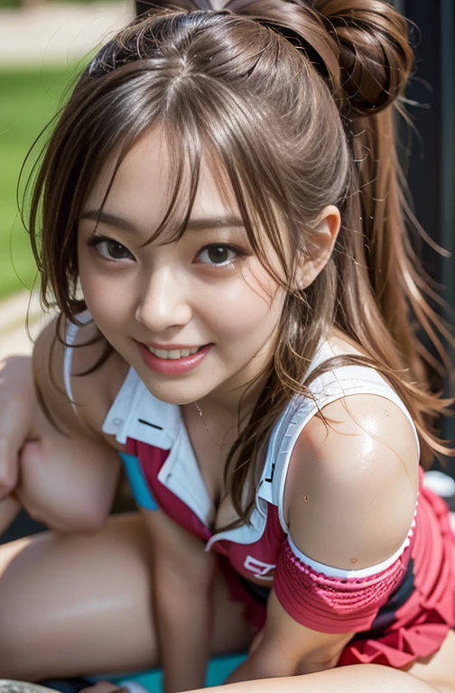 アイドルのようにvery cute、Cute and adorable、のYoung faceに見える20歳の少女, Young face、very cute、Smiling Kindly、Cheerleader、The uniform is a bikini type.、Topless、I can see your chest、Nipples are visible、Sitting on one's knees in the schoolyard、whole body像、whole body、 Natural light、Accurate、Anatomically correct、Textured skin、Super Detail、 Attention to detail、highest quality、High resolution、Real、realism、Raw photo、Genuine、masterpiece