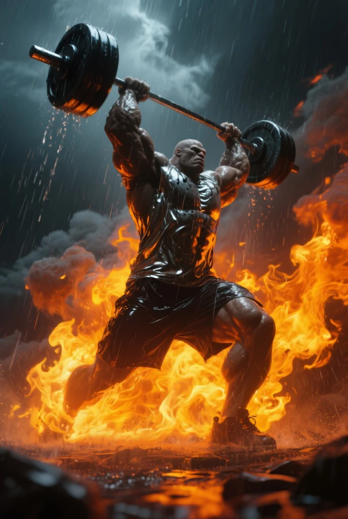Meet Jack, a tough cyberpunk character with a penchant for rebellion. Behind him, bombs explode as he swears furiously. Jack's gaze is fixed on the weighty object in front of him...: a set of dumbbells, each weighing an impressive 100 pounds. Sweat glistens on his forehead as he raises them above his head with a grunt, letting out a victorious curse as he slams them back down.