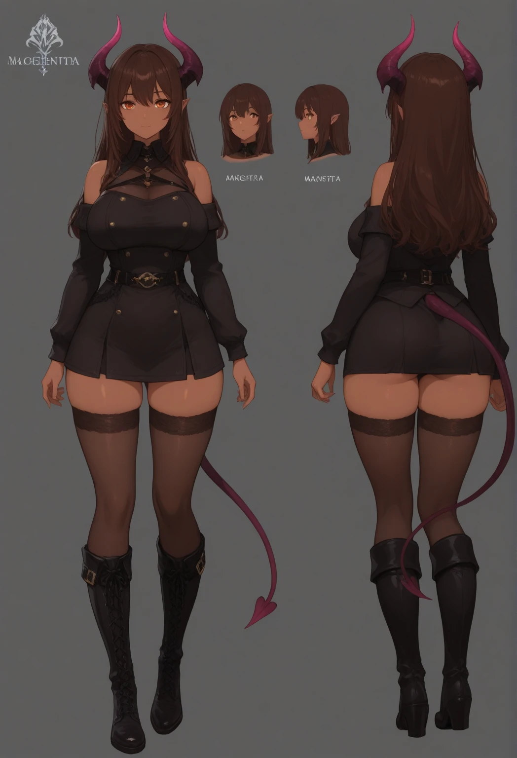 human adult woman, long brown hair, athletic body with scars, long shapely legs, huge breasts, red eyes, metal combat gloves, high boots, combat clothing, 8k, hd, masterpiece, full body, dynamic pose, White background , character sketch in various perspectives back, front, 3/4, face, ass