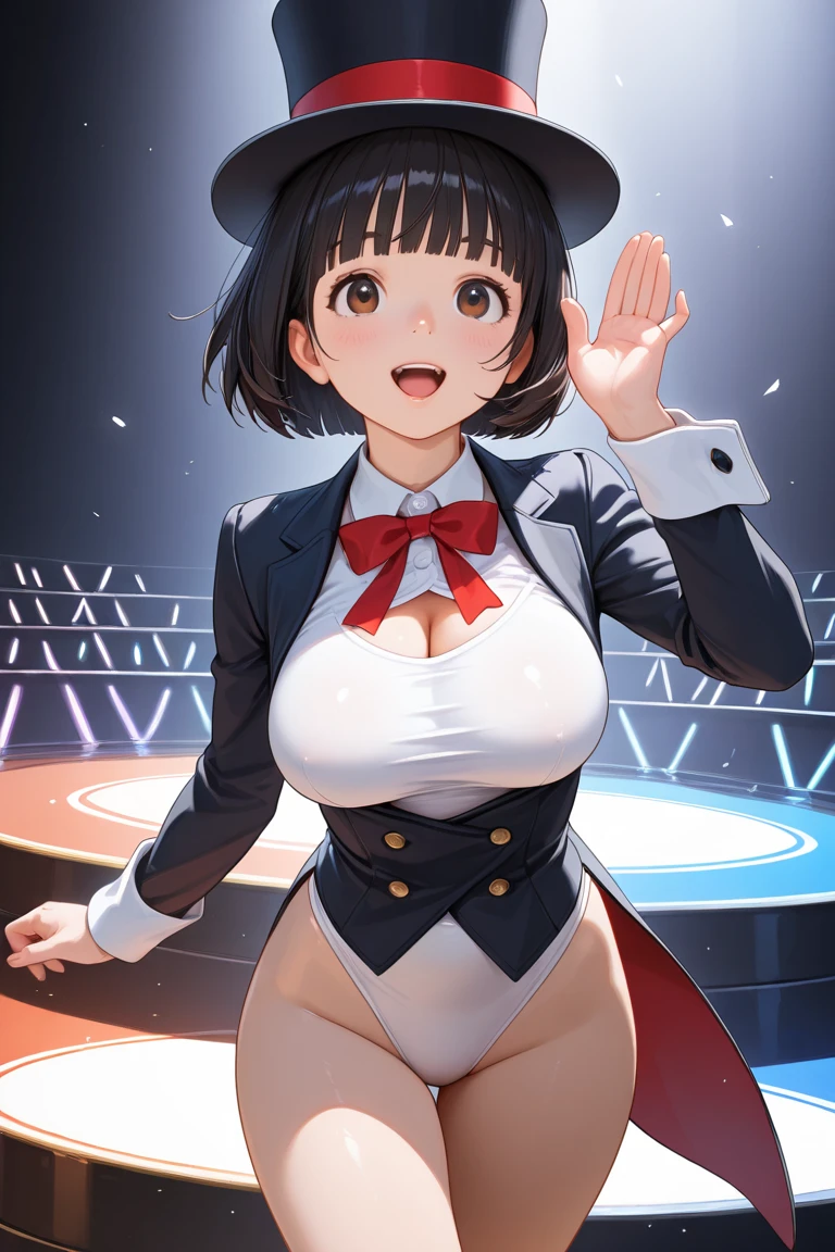 brown eyes, tan, tanlines, one-piece tan, hair ornament, brown hair, hair ornament, solo, fang, hair bobbles, short hair. two side up,, (large breasts:1.5), live stage, 11years old nipple blazer uniform, Blazer skirt, alone,