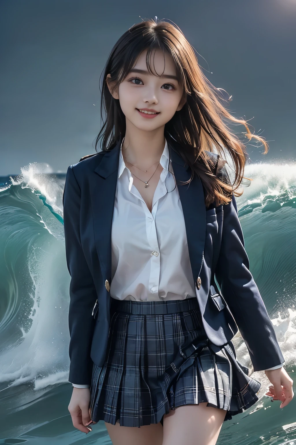 (Highest Quality、masterpiece、super quality、Super accurate 、UHD、Ultra High Definition:1.2)、(16k、Photorealistic、Photographic Realistic、 RAW photos 、f/2.8:1.uper realistic details、high detail、very detailed、Highest Qualityの影、depth of field in shallow water、Raytracing:1.2)、(Baby Face、Pretty Girl High School Student、20 years old:1.uper cute face、One Nogizaka girl:1.3)、(dynamic action、full body、stroll、Professional cinematography、low angle:1.agitales、double eyelids、beautiful, clear, dark eyes)、(natural makeup、crystal pendant for acting)、(big smile、happy:1.hort bob with brown hair、shortcuts、bungs、流したbungs:1.2)、(Completed、完璧な比率、Beautifully detailed body、Beautifully detailed hands and fingers、Beautifully detailed legs、 white skin、very detailedな肌と顔の質感:1.2)、(JK shirt、 JK Plaid Pleated Skirt:1.4)、(JK Blazer Uniform、Female High School Student Uniforms:1.4)、(Big Wave、Southern Ocean、fantastic、Mysterious、Night Scenery、starry sky:1.printing with joy、running、High school girls running at full speed along the beach:1.4)、(wet hair、wet costume、Hair blowing in the strong wind、Skirt fluttering in the strong wind)、( beautiful Korean girl 、 cinematic lighting 、professional lighting)