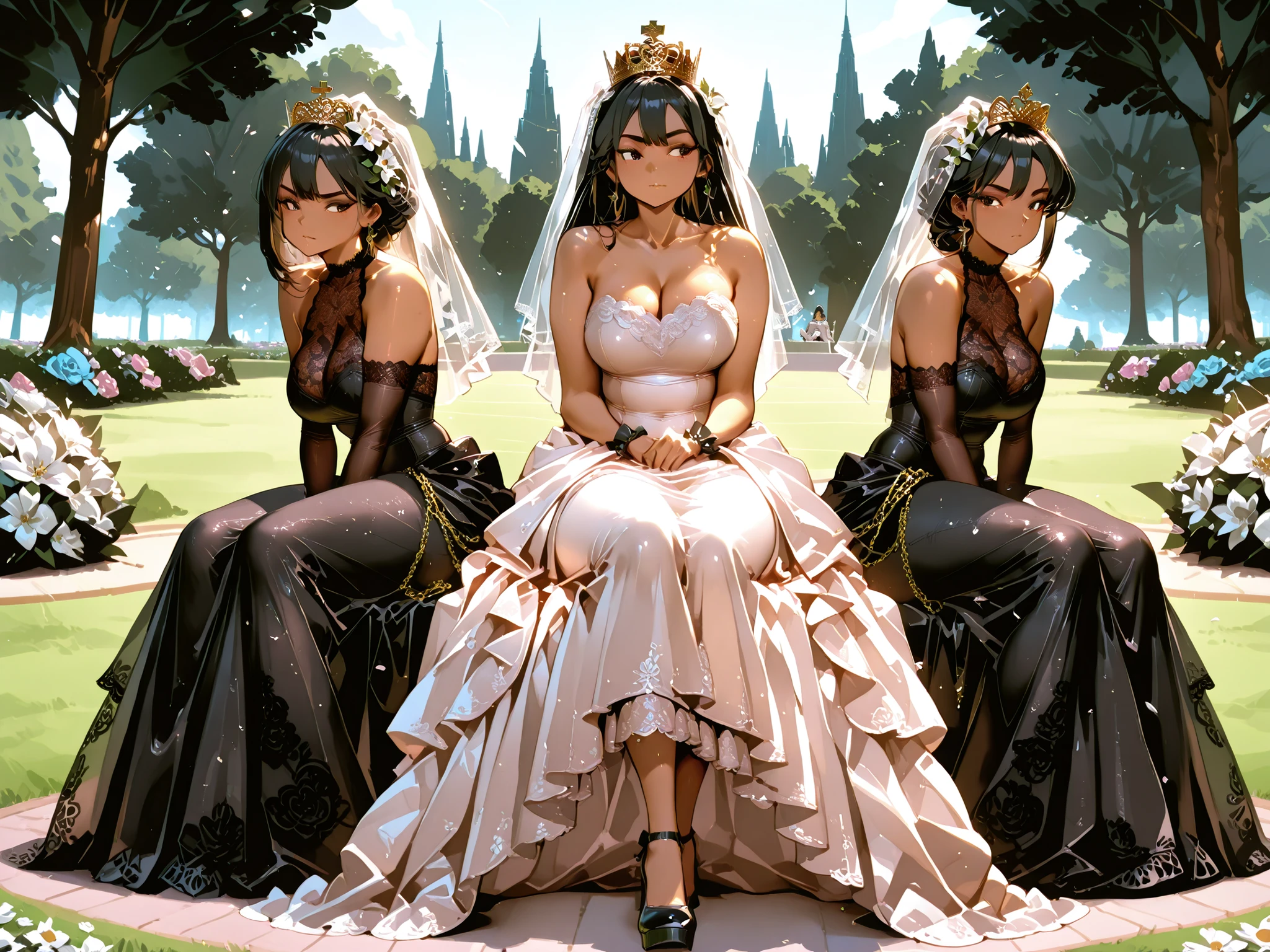 Mexican woman, 34 years old, dark-skinned long black hair and ambar eyes, athletic chubby body. In a wedding dress. Flower lace, deep sweetheart neckline, tight top. Bridal veil with flowers' crown. Luxury platform stilettos with chains. Lace transformer skirt. Sitting at the park. Full body view. High detailed.