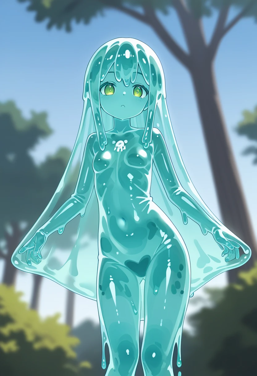 (a masterpiece of,Best Quority,super-fine,best illustration:1.3),1girl,(slime girl:1.3),(pubic hair is transparent:1.3),(see-thru:1.1),Sit Pose,White highlights,(refractions,glint:1.1 ), transparent face, Transparent body, Clear skin, Sunny days,with no clothing,a plump figure,Blue skin,