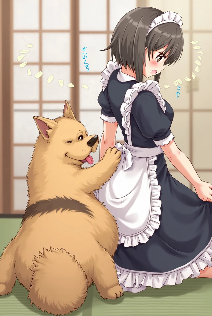 dog sex, raped by big dog, big black dog, bestiality, maid dogeza, shoulder lenght black hair, straight hair, maid haircut, maid costume, ass up, front view, on the floor, scared, in pain expression, hentai dog sex, paw on her head, pressing face againt the floor, shivering, cumming, rolling eyes, creampie, xray womb filled with cum, dog knot xray, dog front legs on her head, correct xray womb position