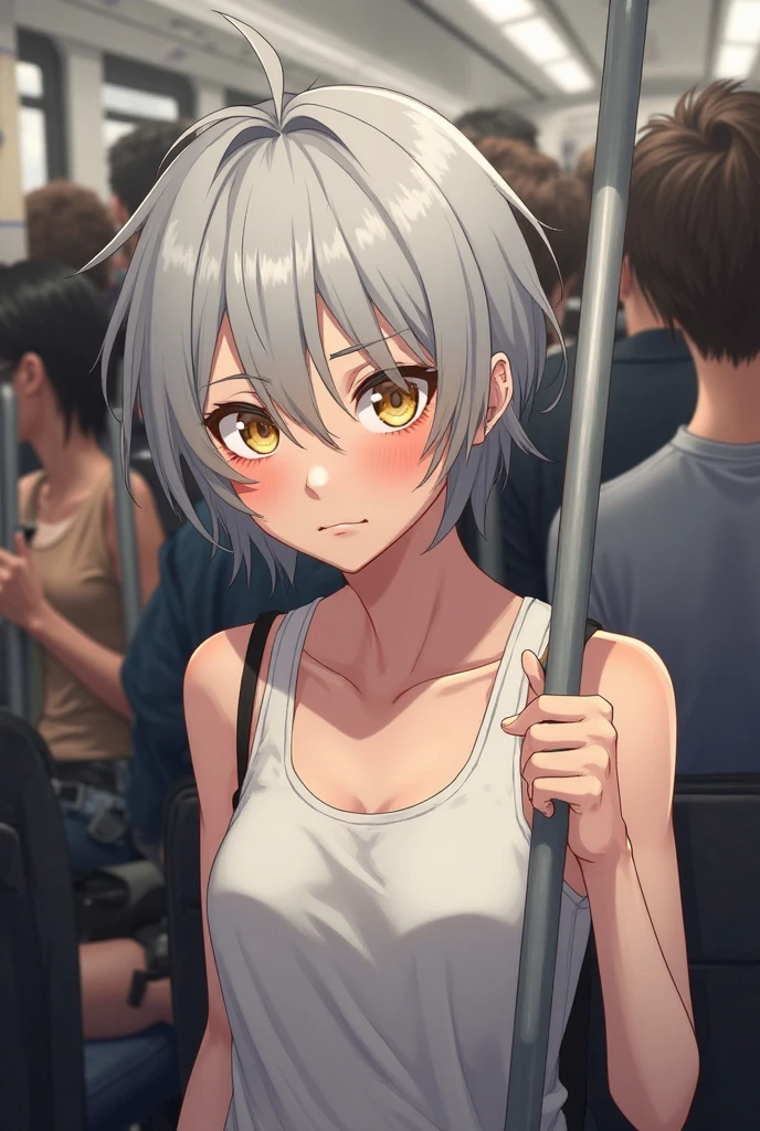 masterpiece,whole body,highest quality,Green Eyes, Gray Hair,blunt bangs, Double good, Animal ears,:3,on the train ,undressing,bare breast