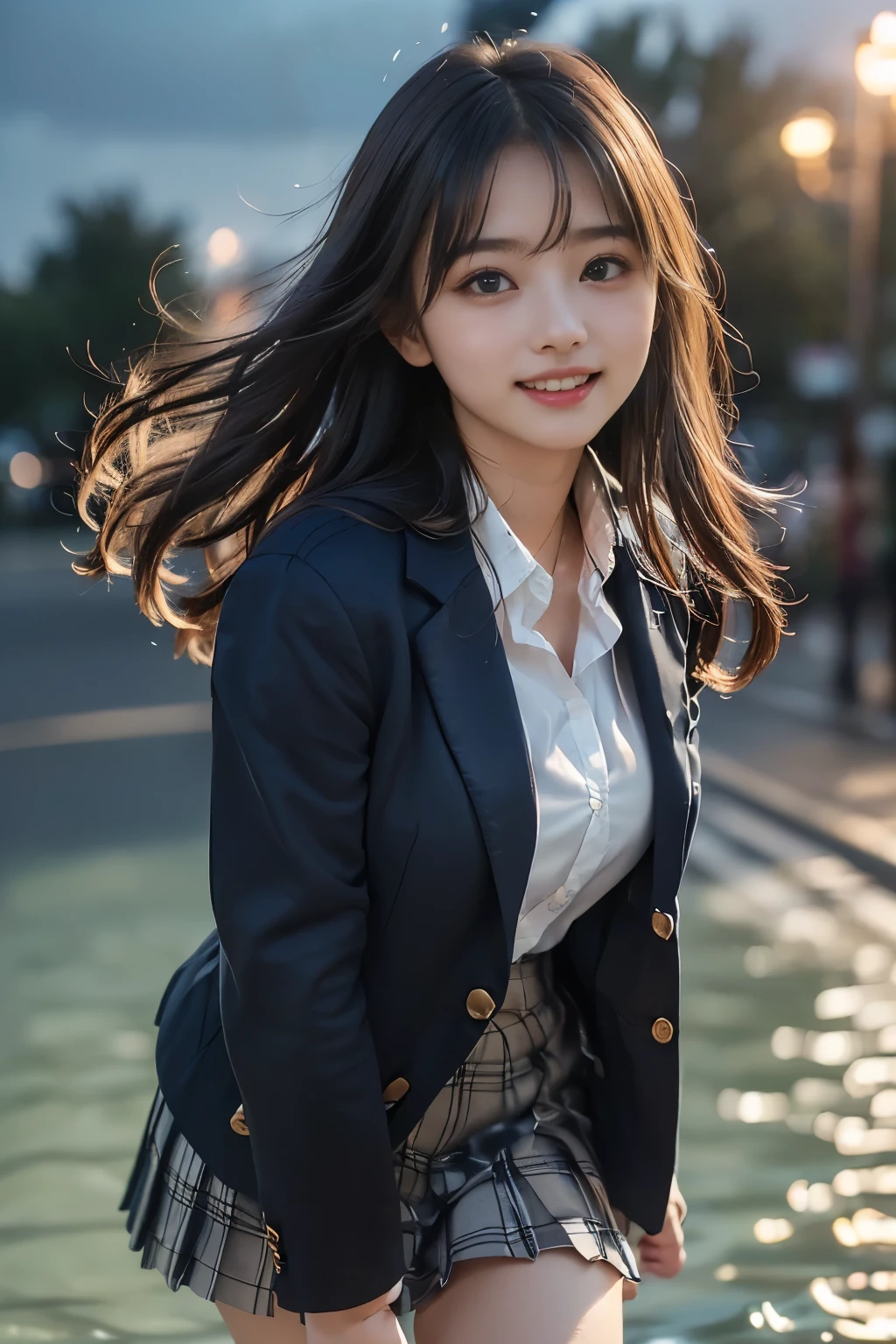 (Highest Quality、masterpiece、super quality、Super accurate 、UHD、Ultra High Definition:1.2)、(16k、Photorealistic、Photographic Realistic、 RAW photos 、f/2.8:1.uper realistic details、high detail、very detailed、Highest Qualityの影、depth of field in shallow water、Raytracing:1.2)、(Baby Face、Pretty Girl High School Student、20 years old:1.uper cute face、One Nogizaka girl:1.3)、(dynamic action、full body、stroll、Professional cinematography、low angle:1.agitales、double eyelids、beautiful, clear, dark eyes)、(natural makeup、crystal pendant for acting)、(big smile、happy:1.hort bob with brown hair、shortcuts、bungs、流したbungs:1.2)、(Completed、完璧な比率、Beautifully detailed body、Beautifully detailed hands and fingers、Beautifully detailed legs、 white skin、very detailedな肌と顔の質感:1.2)、(JK shirt、 JK Plaid Pleated Skirt:1.4)、(JK Blazer Uniform、Female High School Student Uniforms:1.4)、(Night Park、Falling autumn leaves、fantastic、Mysterious、Night Scenery、starry sky:1.hopping、strollしてる女子高校生:1.4)、(Hair blowing in the strong wind、Skirt fluttering in the strong wind)、( beautiful Korean girl 、 cinematic lighting 、professional lighting)