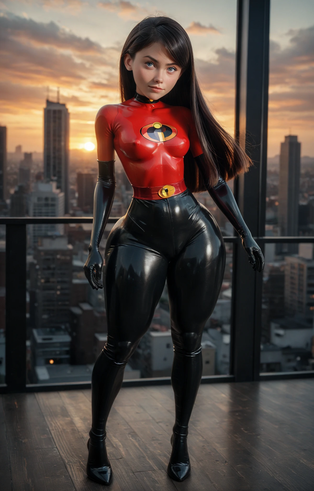 vilett,black hair,purple eyes,  eyes,  long hair, 
hairband,red bodysuit, elbow gloves,  leather, 
upper body, standing,   smile,  open mouth, 
outdoors,  city, 
(insanely detailed, beautiful detailed face,beautiful detailed eyes, masterpiece, best quality),solo, 